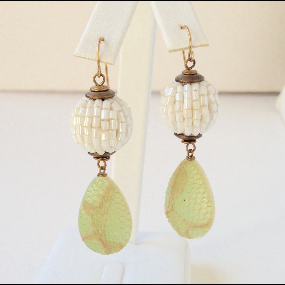 Anthropologie White and Green Beaded Earrings